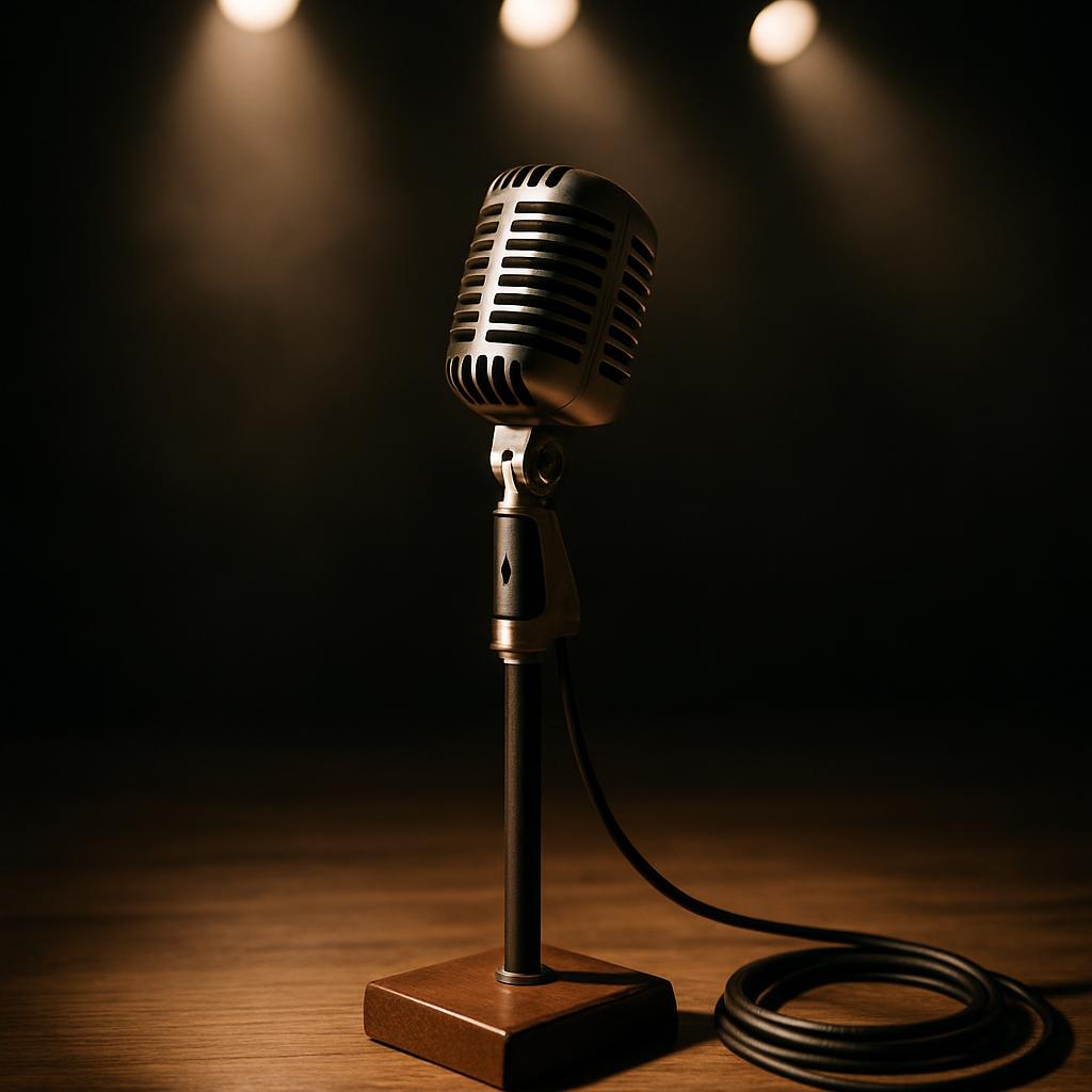 A vintage-style microphone sits on a stand, its metal grille gleaming in the dim light. The microphone is positioned at an...