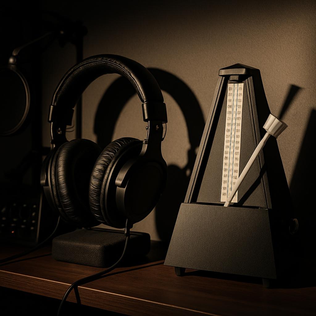 The image is of a black metronome, sitting on a wooden shelf. It is paired with a pair of black headphones plugged into a ...